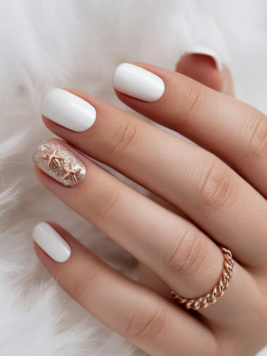 acrylic nails 2026 White and Rosegold Starlet Glow