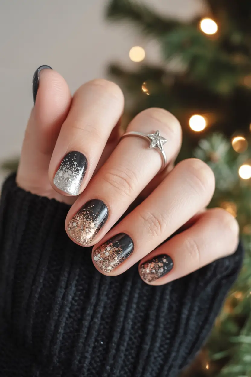 acrylic nails 2026 Black and Gold Twinkle Short Chic