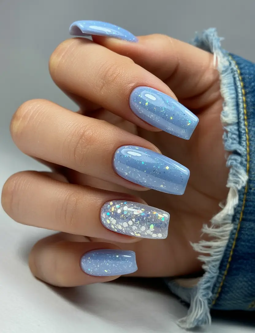 acrylic nails 2026 Icy Blue Glitter Square Frost