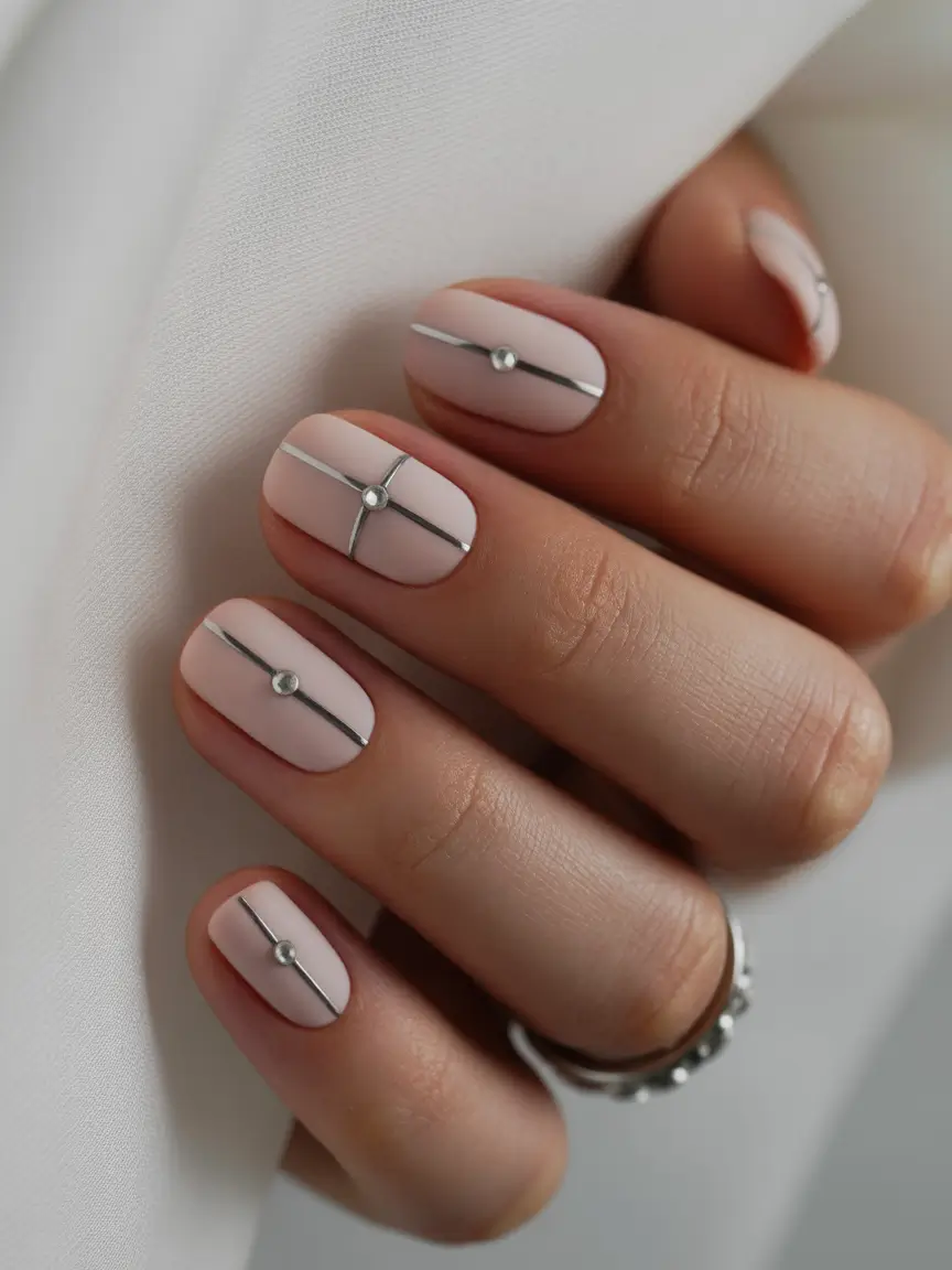 acrylic nails 2026 Minimal Silver Linework Chic Short Square