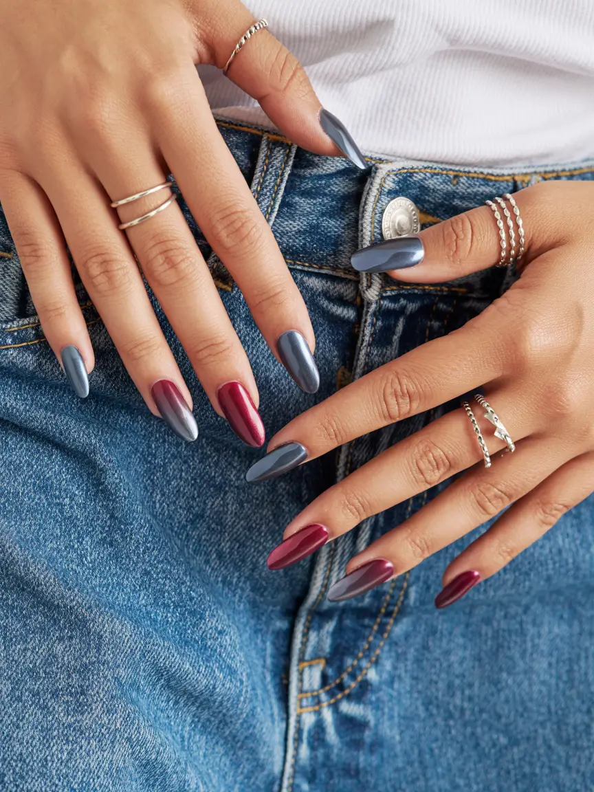 aura nails 2026 Steel Blue and Wine Aura Mix