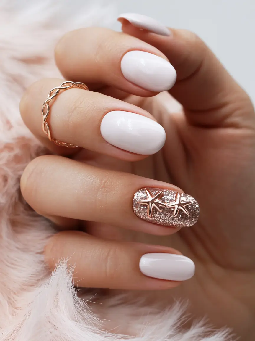 birthday nails 2026 White Pearl and Gold Star Accent for a Luxe Birthday Moment