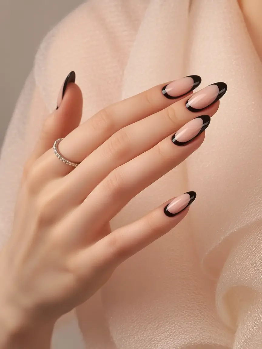 black french tip nails 2026 Soft Almond Noir With a Modern Oval Edge