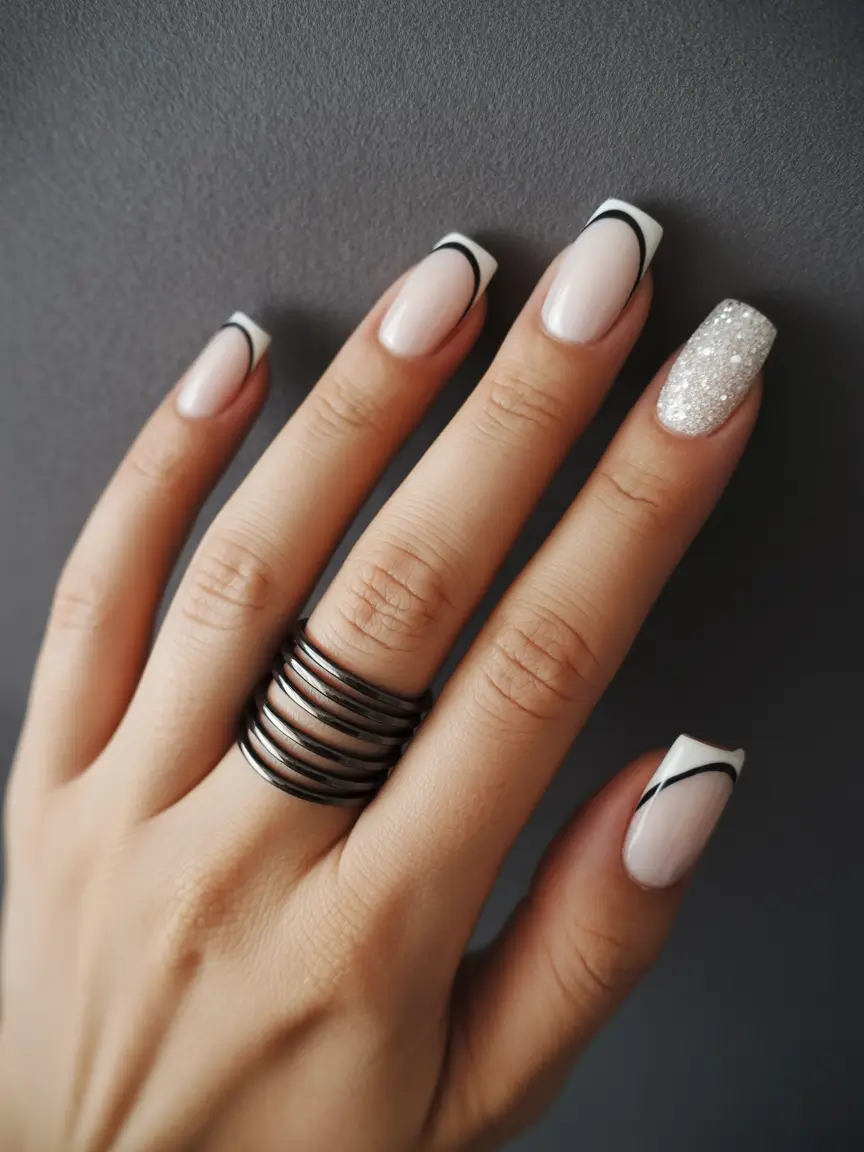 black french tip nails 2026 Graphic Linework With Sparkling Accent Drama