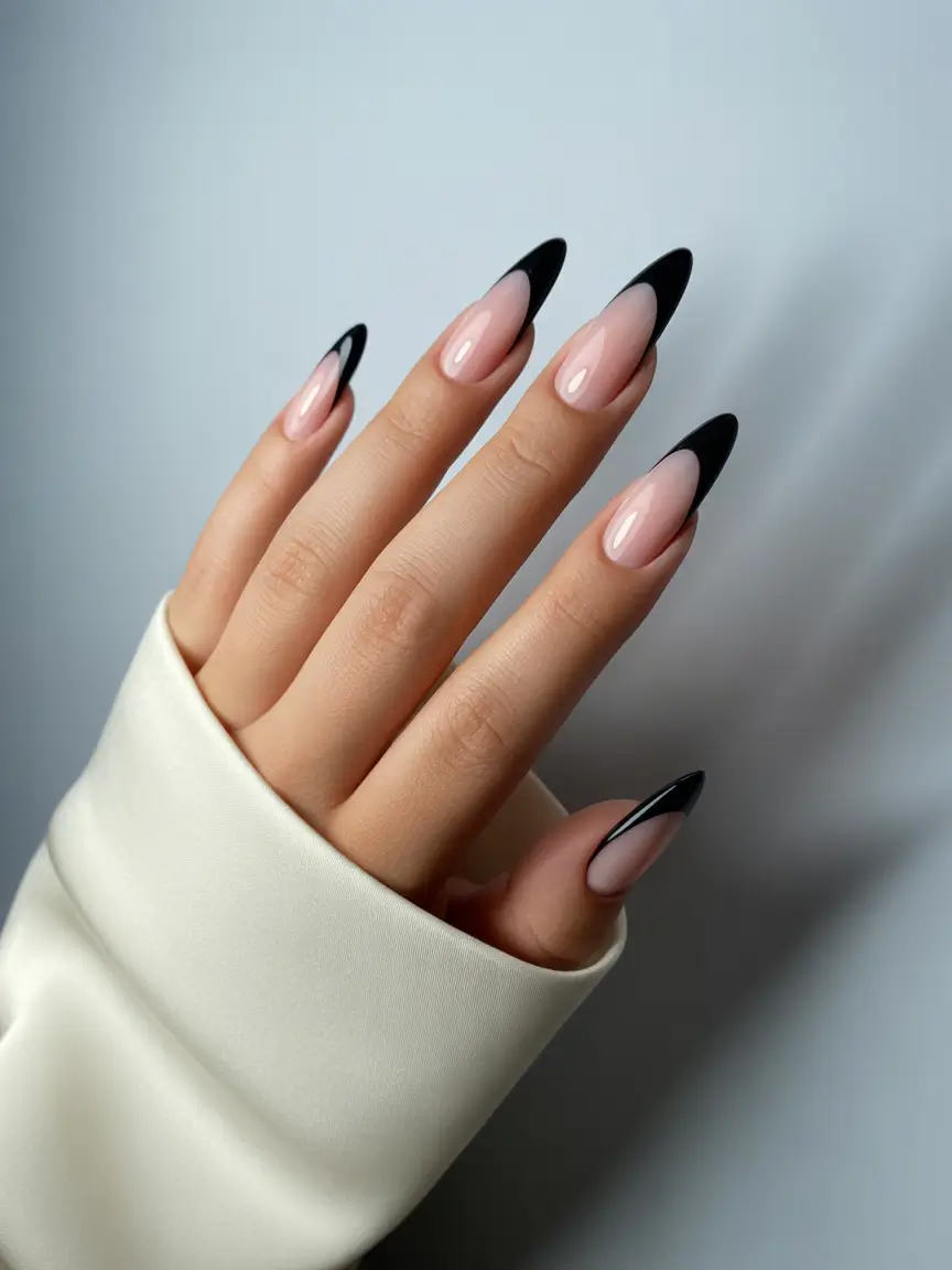 black french tip nails 2026 Soft Tapered Almond Noir With Sharp Modern Tips