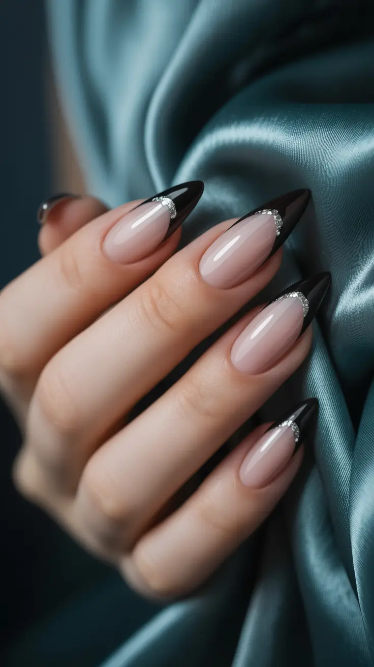 black french tip nails 2026 Silver Crescent Sparkle On Deep Noir Almond Tips