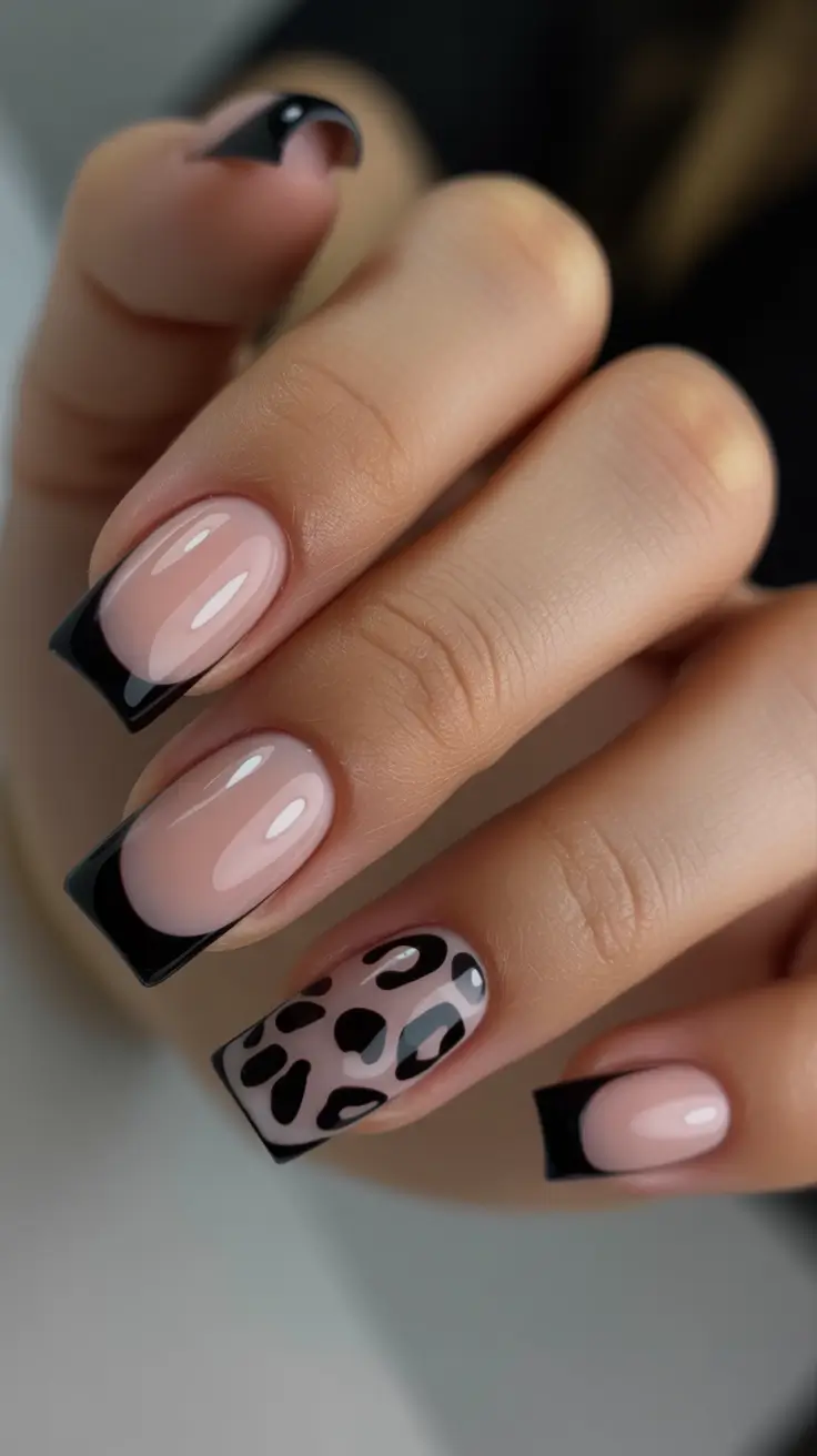 black french tip nails 2026 Leopard Accent With Graphic Square Noir Tips