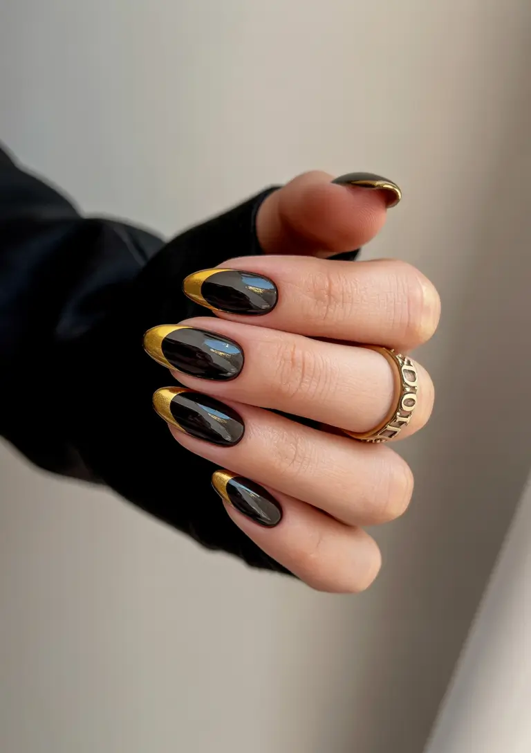 black french tip nails 2026 Black And Gold Luxe Curve Tips