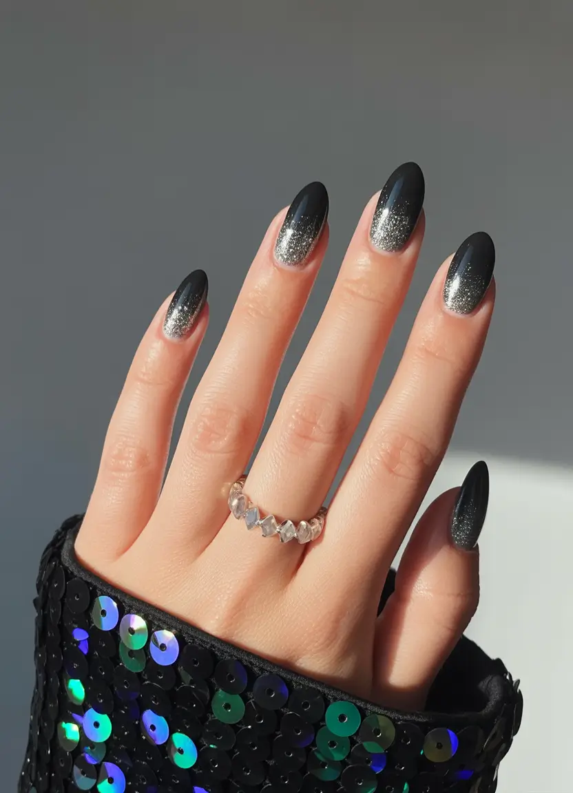 black french tip nails 2026 Midnight Glitter Fade With Soft Shine