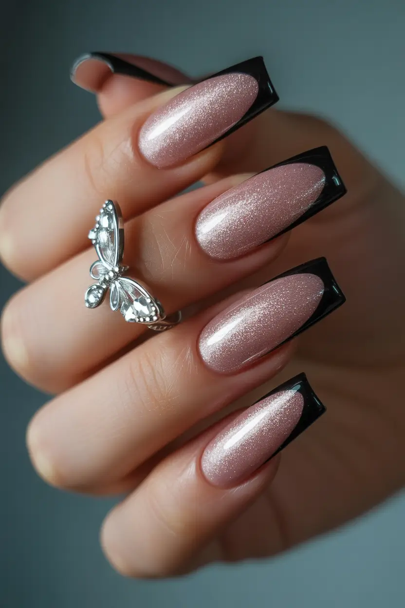 black french tip nails 2026 Soft Rosy Sparkle With Bold Noir Squares