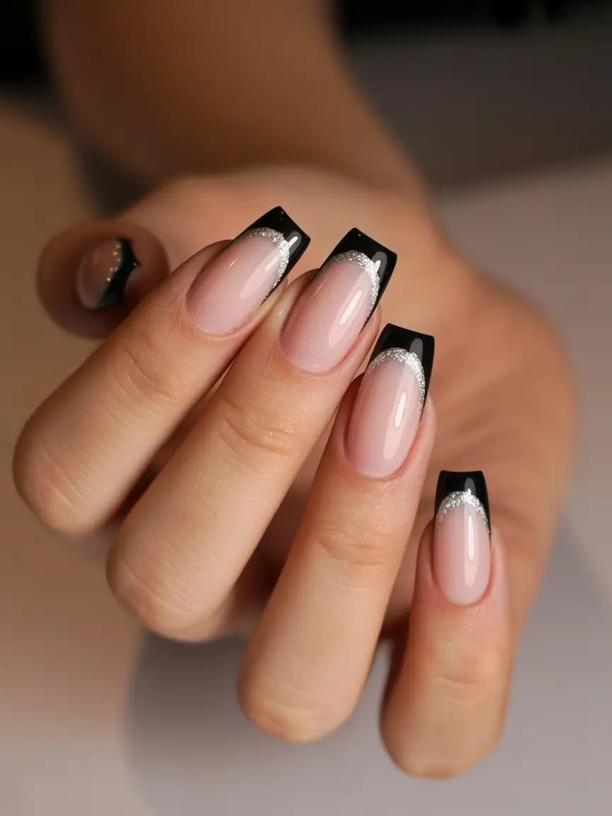 black french tip nails 2026 Silver Arc Accents On Sleek Noir French Tips
