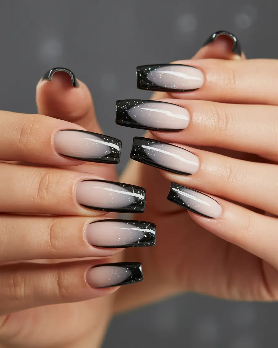 black french tip nails 2026 Galaxy Ombre Noir With Sleek Square Drama