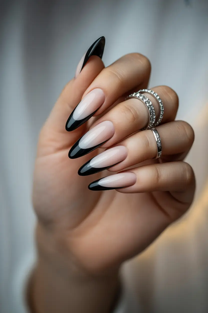 black french tip nails 2026 Long Tapered Noir Tips With Sleek Soft Contrast