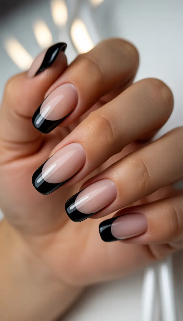 black french tip nails 2026 Classic Gloss Noir French With Soft Square Lines