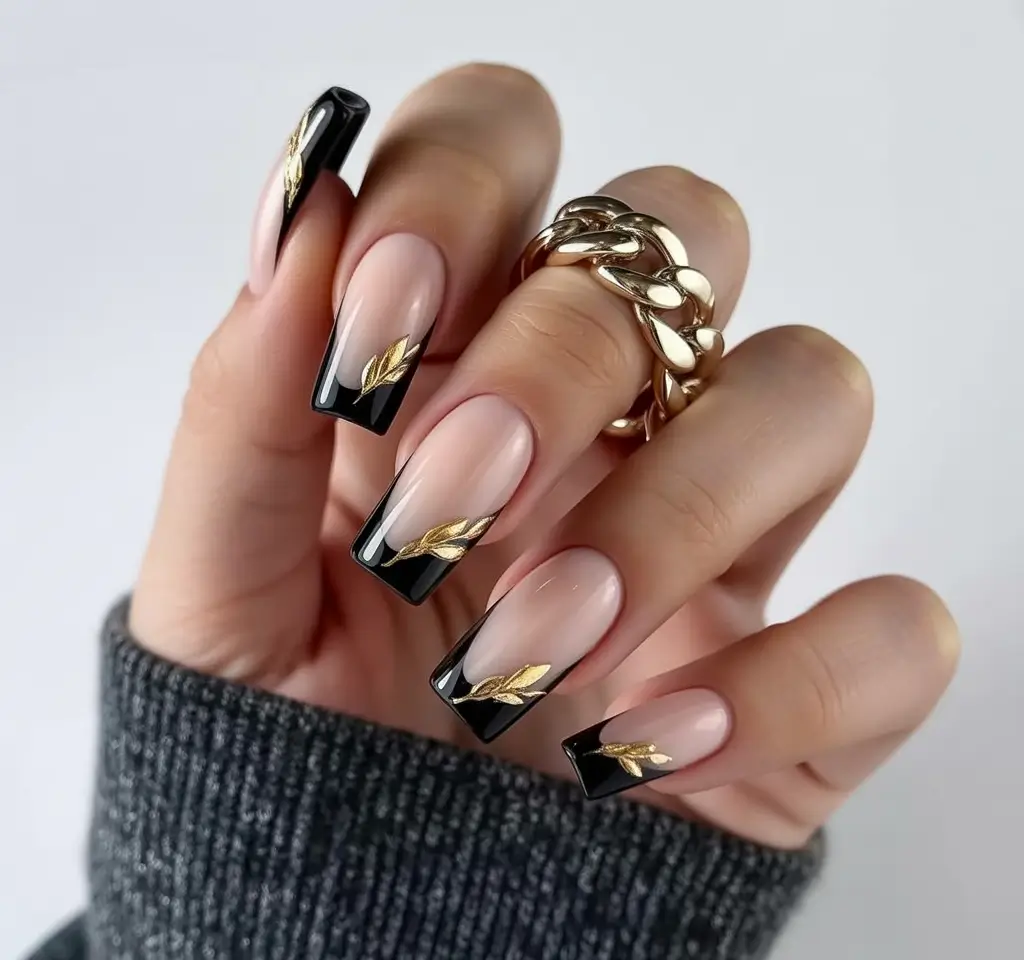 black french tip nails 2026 Gold-Leaf Elegance on Sculpted Black Tips