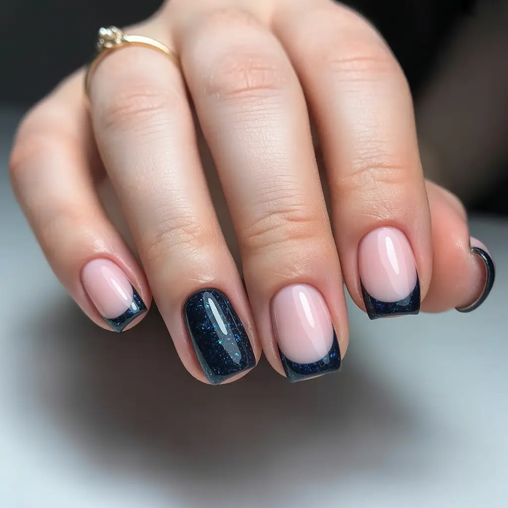 black french tip nails 2026 Midnight Micro-Glitter French With Soft Contrast