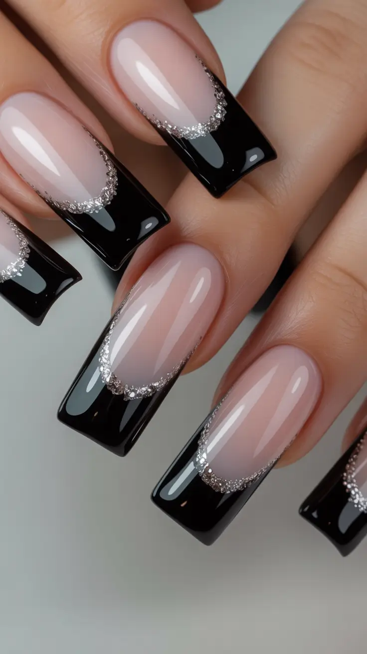 black french tip nails 2026 Silver-Dusted Drama on Long Sculpted Tips