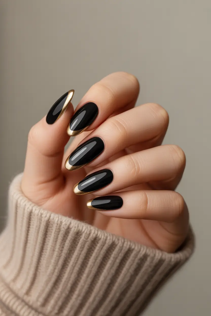 black french tip nails 2026 Black And Gold Almond Elegance