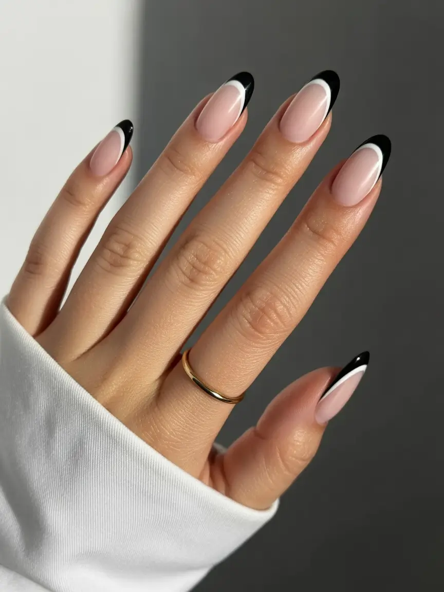black french tip nails 2026 White Whisper Layer With Bold Black Tips