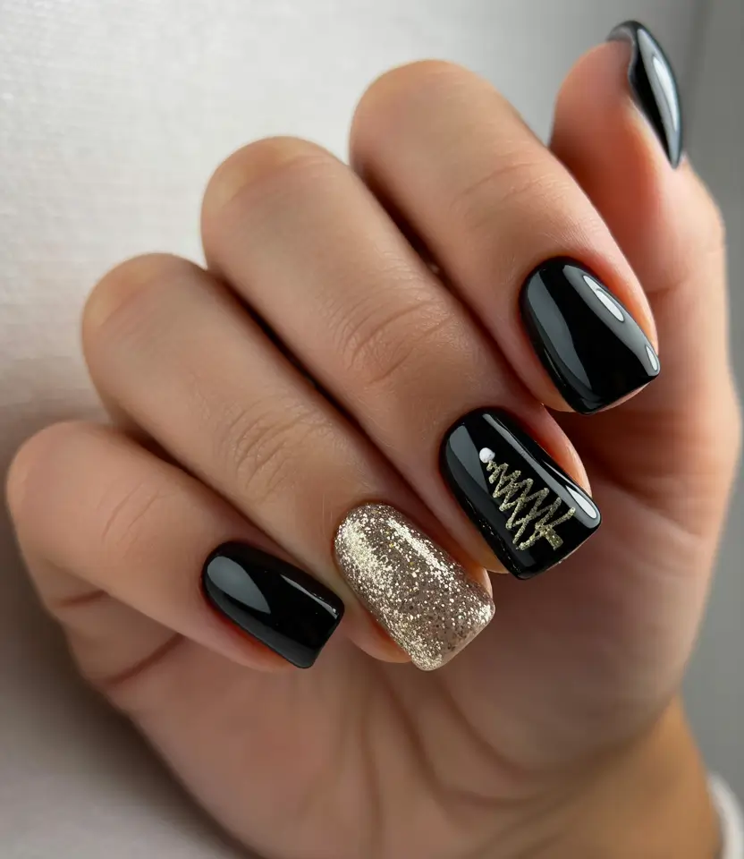 black nails 2026 Golden Highlights on Midnight Black