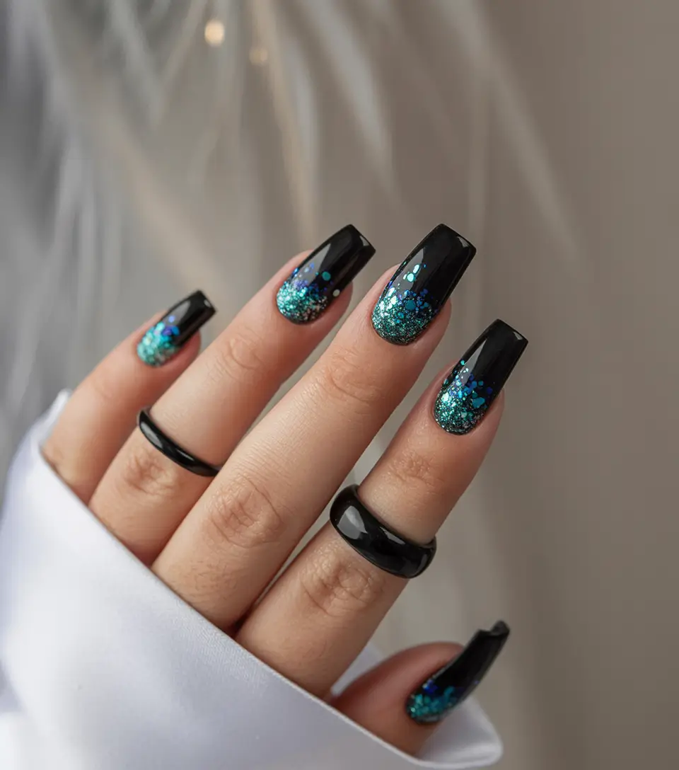 black nails 2026 Teal Glitter Fade Drama