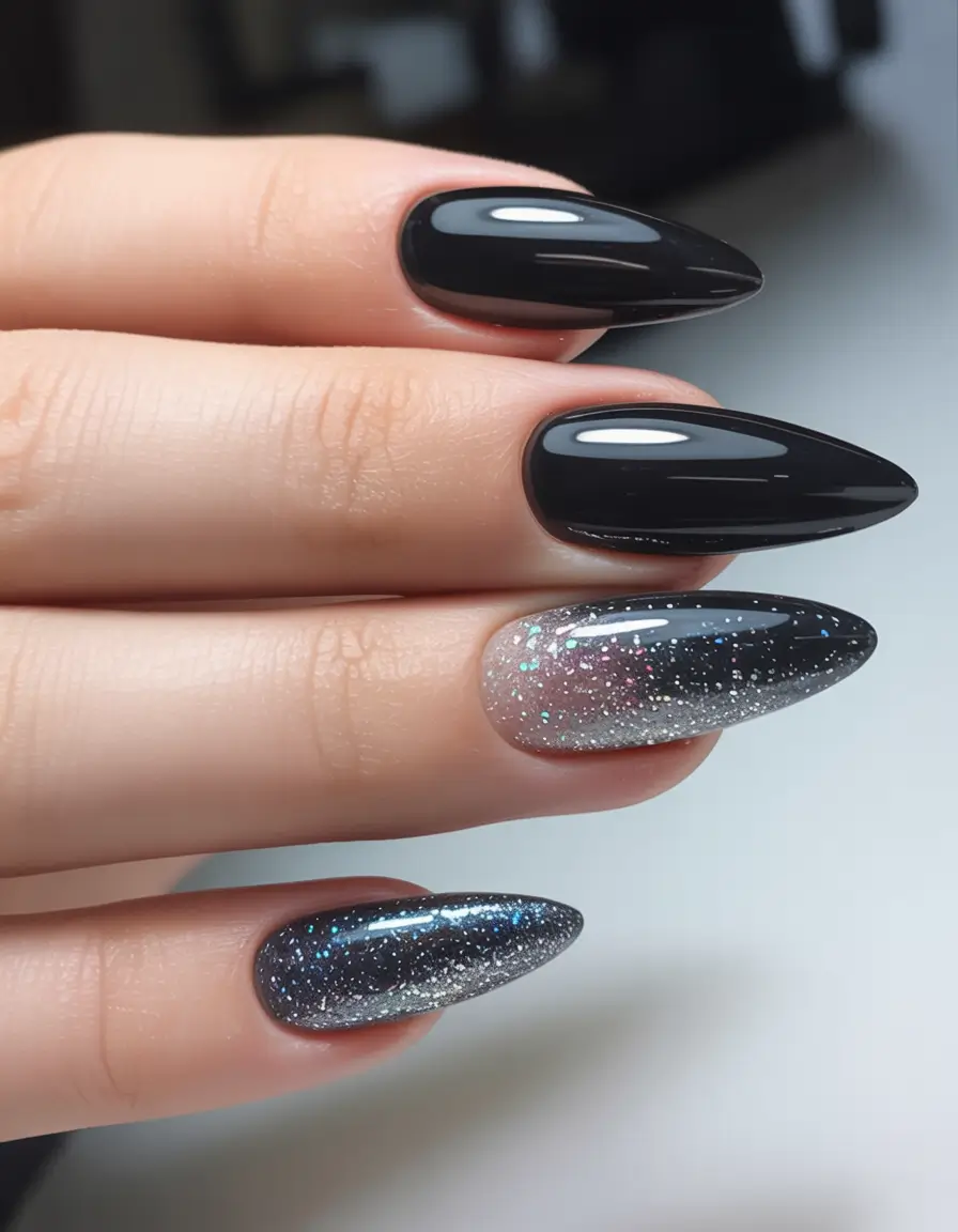black nails 2026 Starglow Almond Gradient