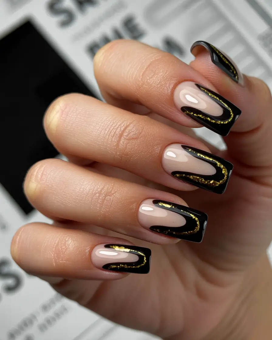 black nails 2026 Black Ribbon Gold Wave