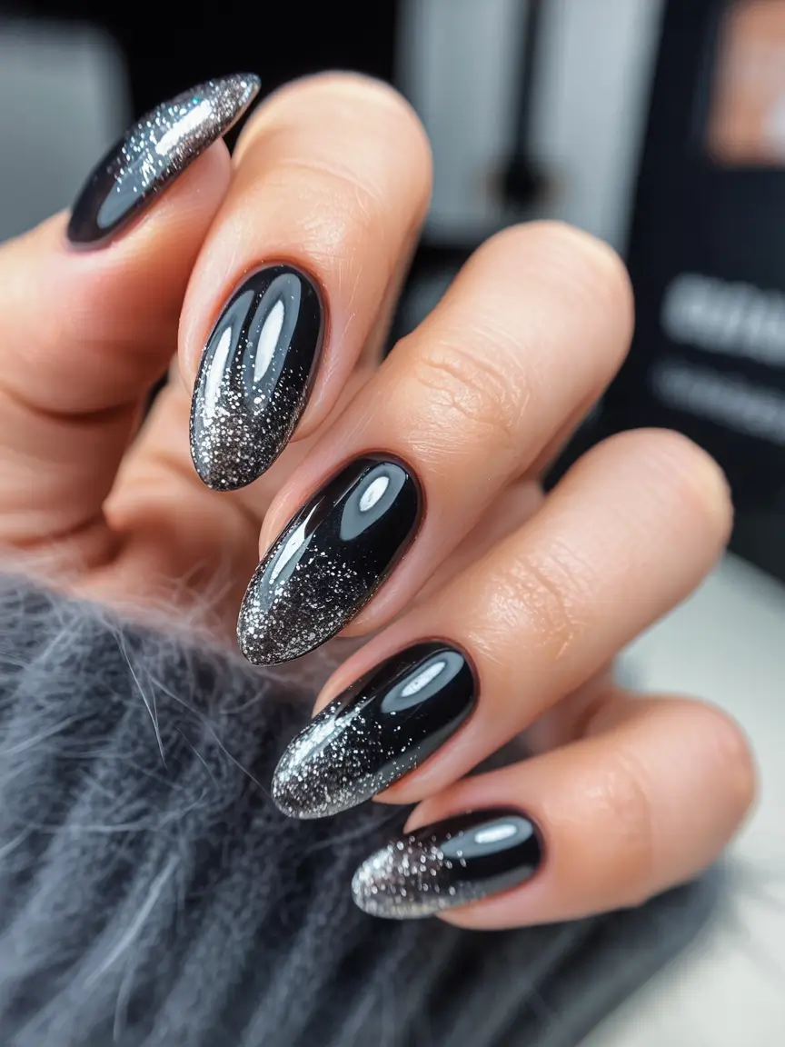 black nails 2026 Sleek Silver Dust Fade