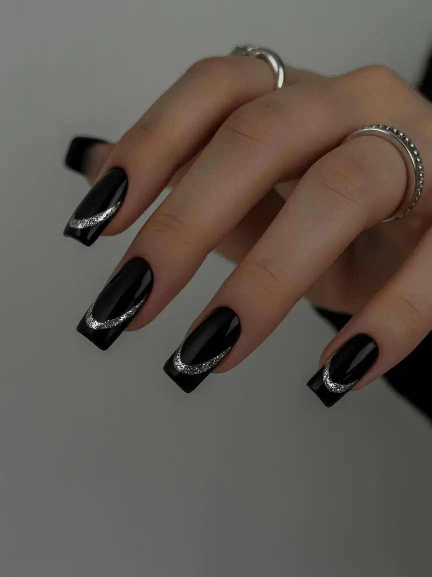 black nails 2026 Silver Crescent Wave Shine