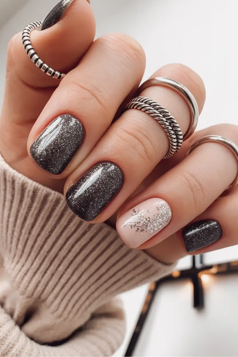 black nails 2026 Frosted Night Sparkle Mix