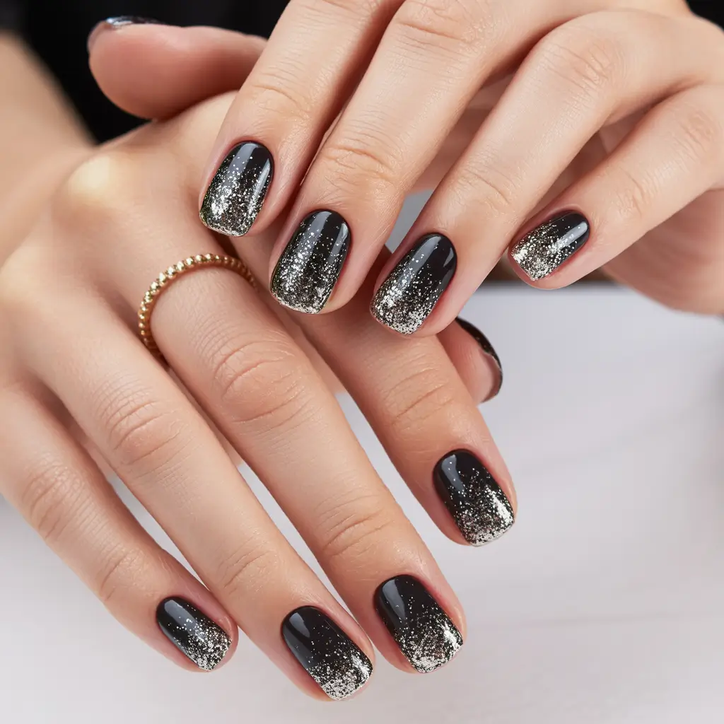 black nails 2026 Black-to-Silver Stardust Fade