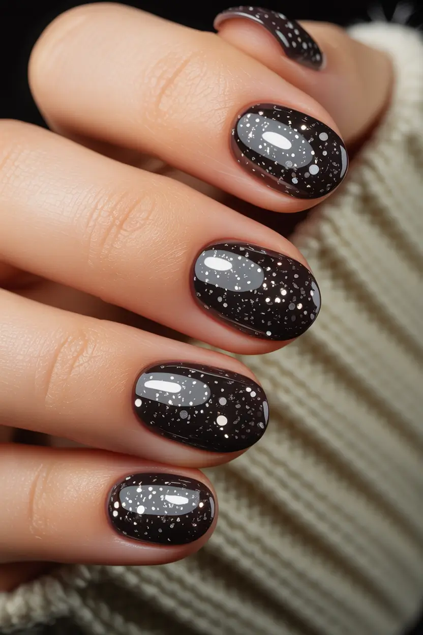 black nails 2026 Soft Speckled Galaxy Finish