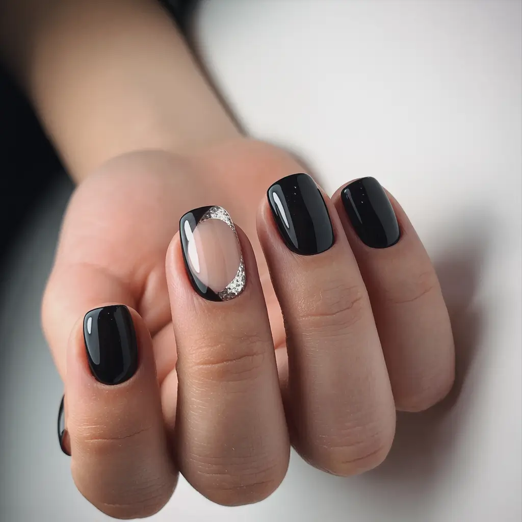 black nails 2026 Silver Crescent Minimalism