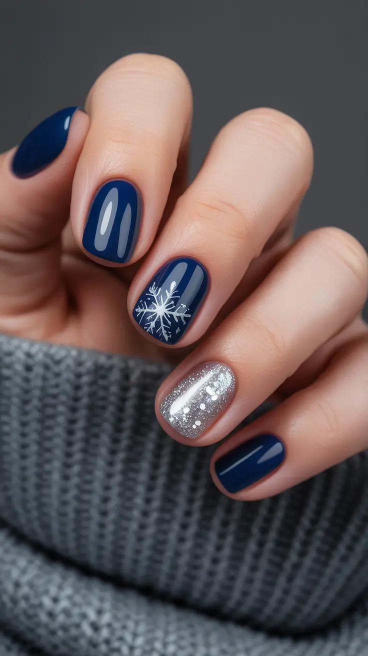 blue nails 2026 Midnight Snowflake Accent Elegance