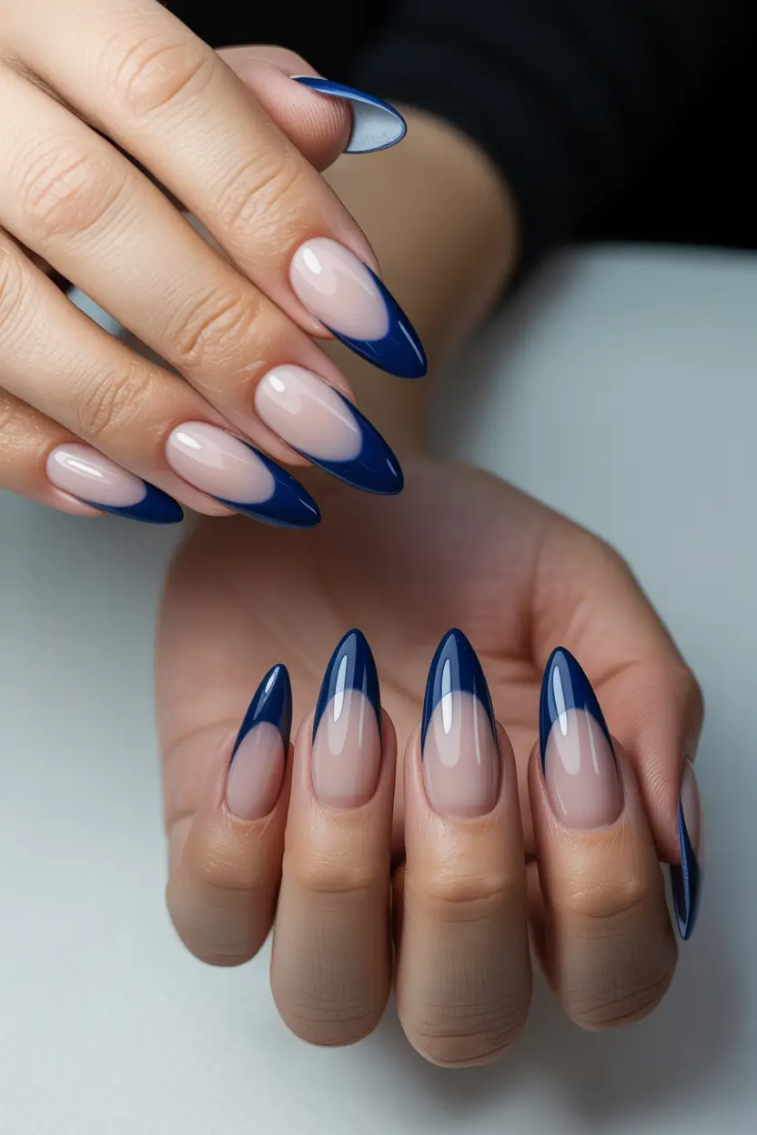blue nails 2026 Deep French Navy Stiletto
