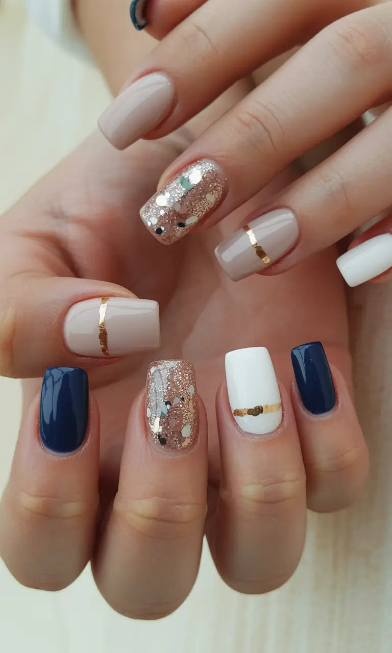 blue nails 2026 Winter Luxe Neutral and Navy Mix