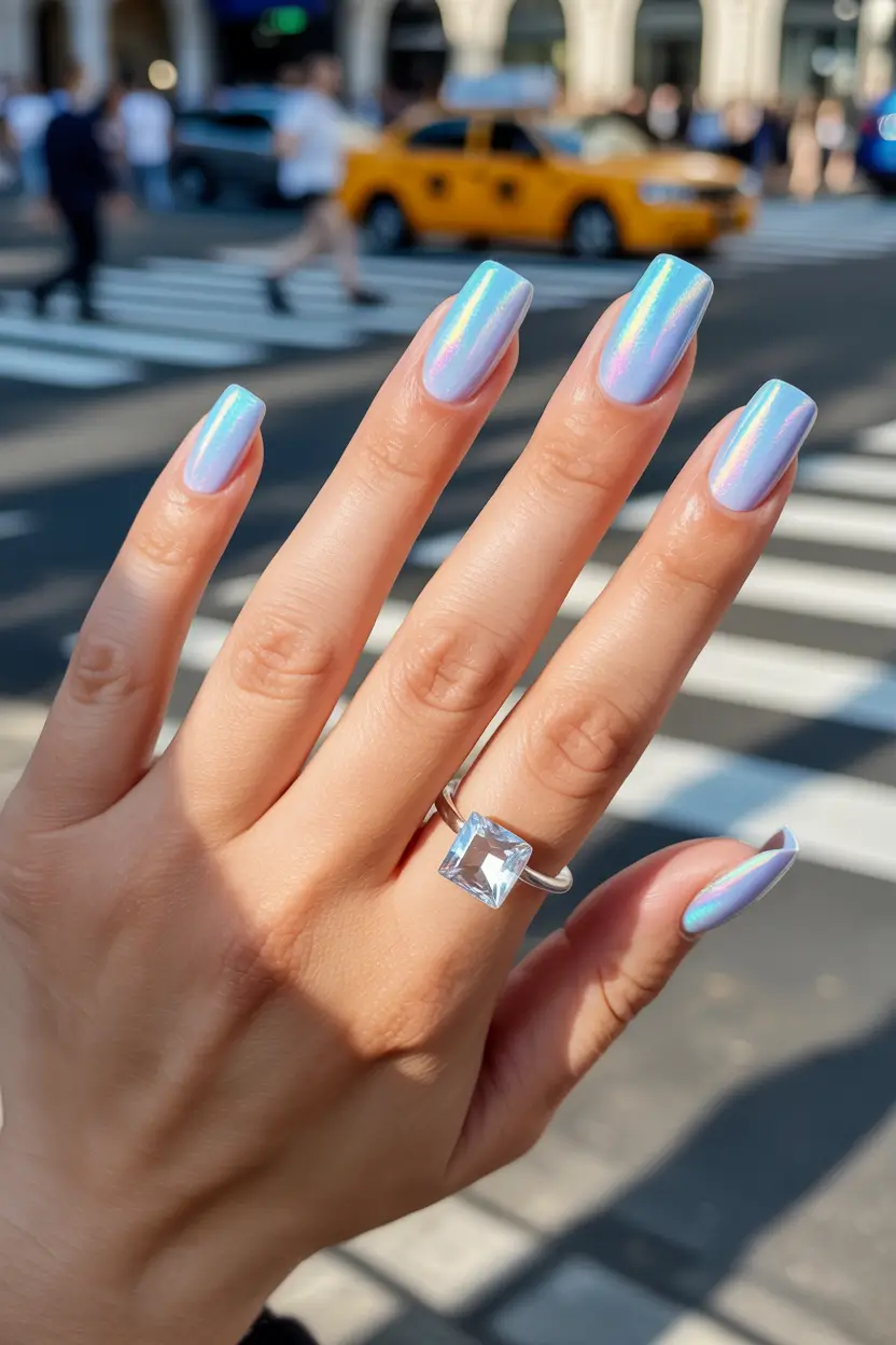 blue nails 2026 Holographic City Glow