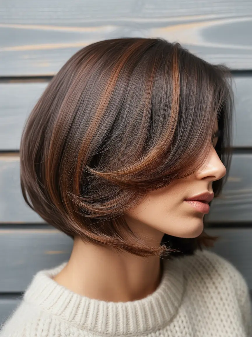 bob hairstyle 2026 Chocolate Bob with Caramel Ribbon Highlights