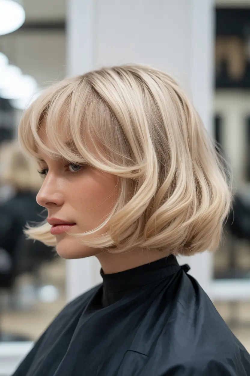 bob hairstyle 2026 Soft Blonde Bob with Light Curtain Fringe