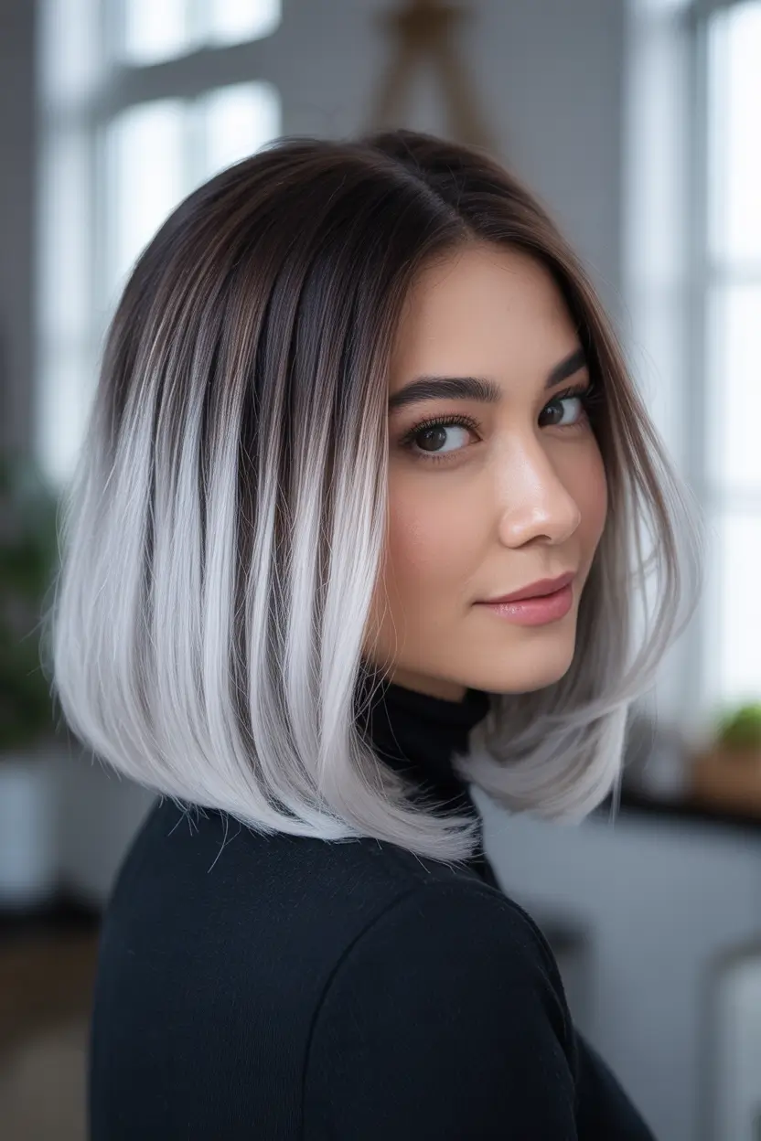 bob hairstyle 2026 Shadow Root Silver Melt Bob with Sleek Ends