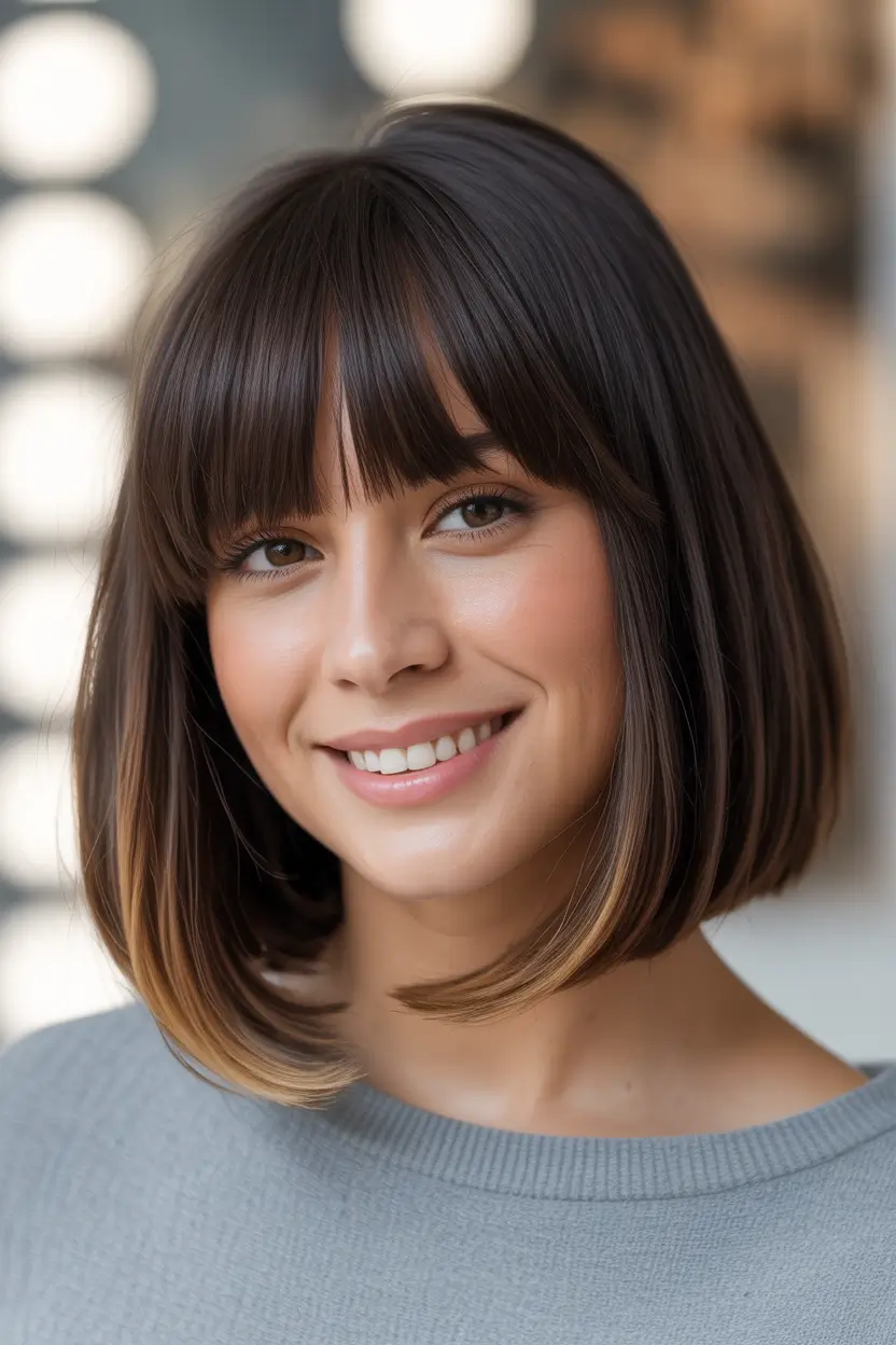 bob hairstyle 2026 Warm Brunette Bob with Fringe and Soft Face Framing