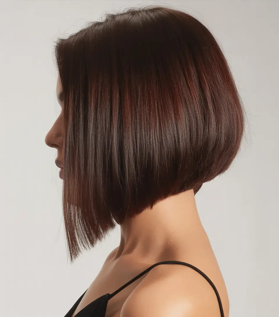bob hairstyle 2026 Deep Mahogany Angled Bob with Clean Geometry