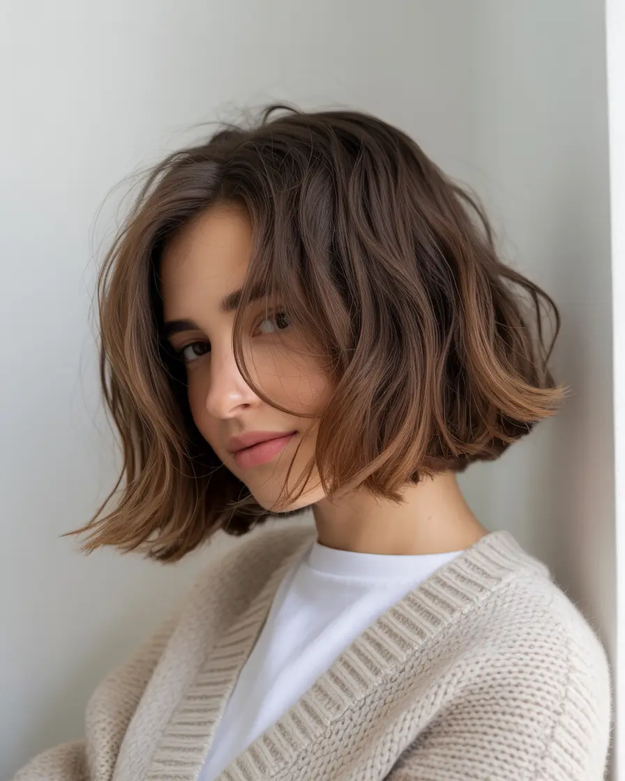 bob hairstyle 2026 Soft Tousled Brown Bob with Natural Waves