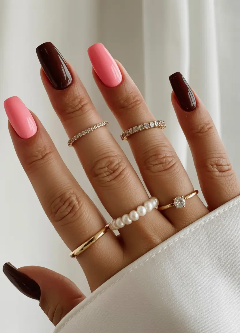 brown nails 2026 Soft Contrast Cocoa & Pink Mix