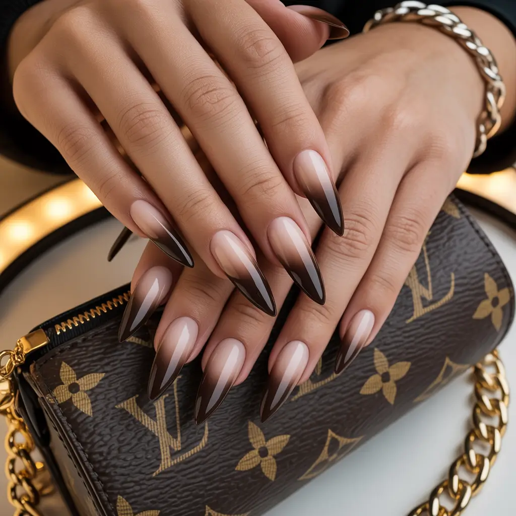 brown nails 2026 Sharp Ombre Stiletto Fade in Deep Brown