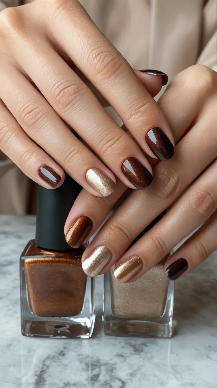 brown nails 2026 Metallic Cocoa Spectrum on Short Rounds