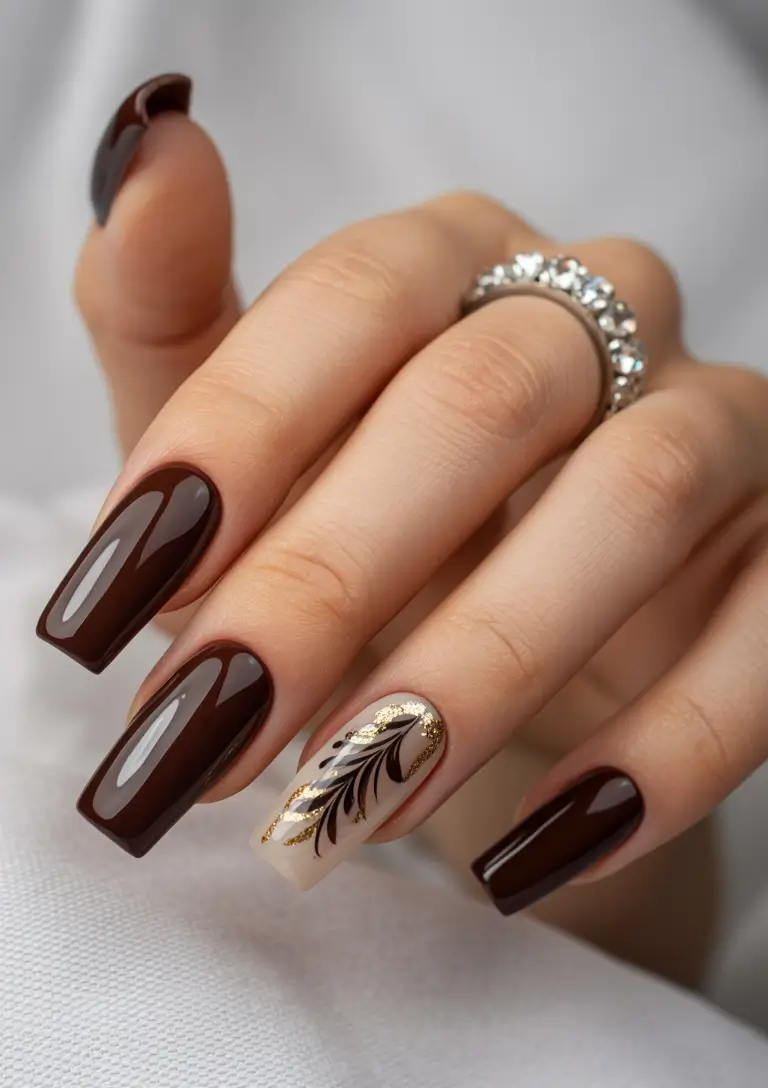 brown nails 2026 Dark Cocoa Block Nails with Gold Leaf Accent Art