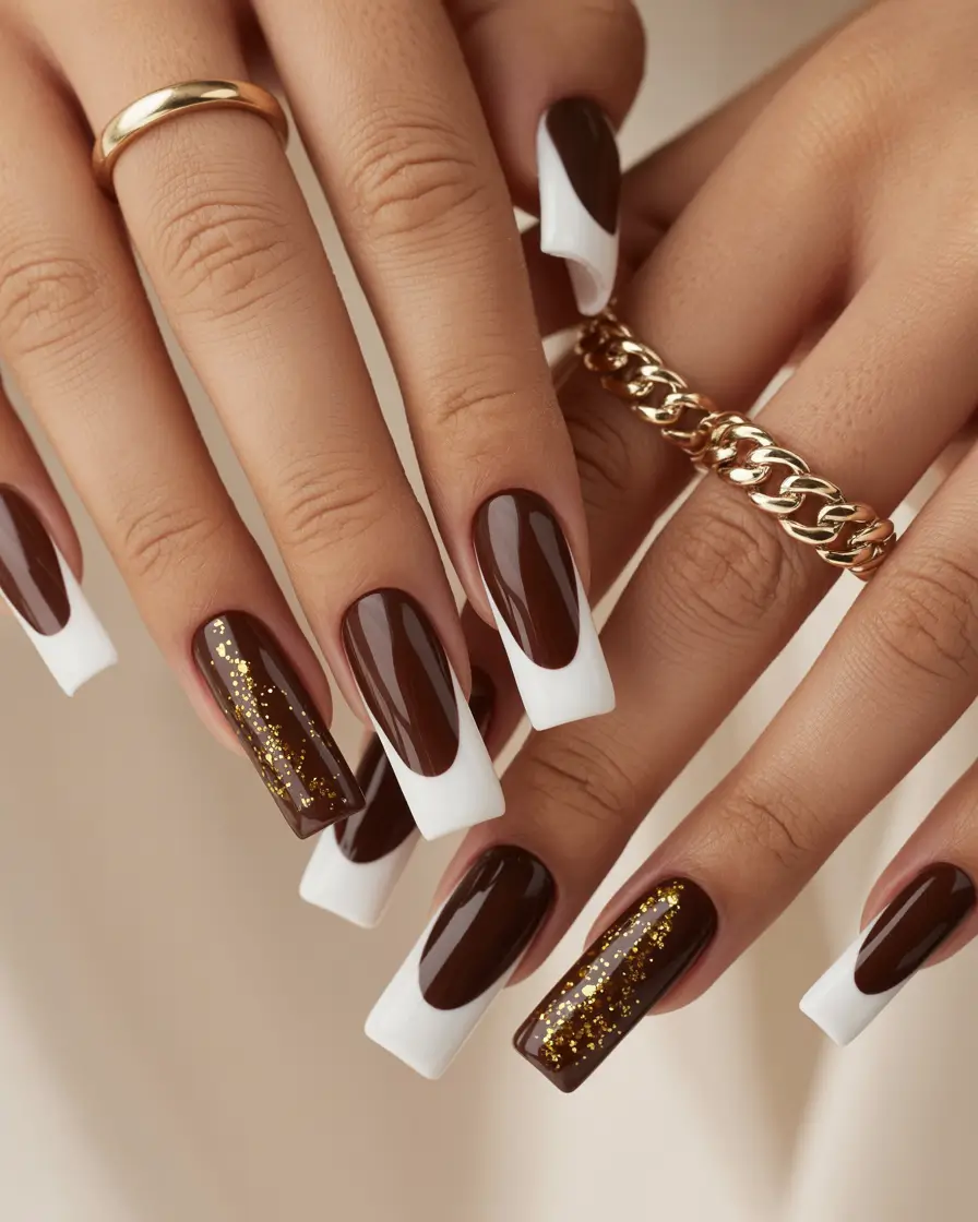 brown nails 2026 Chocolate French with White Angles and Gold Glitter