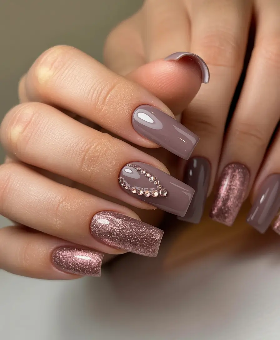 brown nails 2026 Soft Mauve Brown Glow with Rose Glitter and Crystals