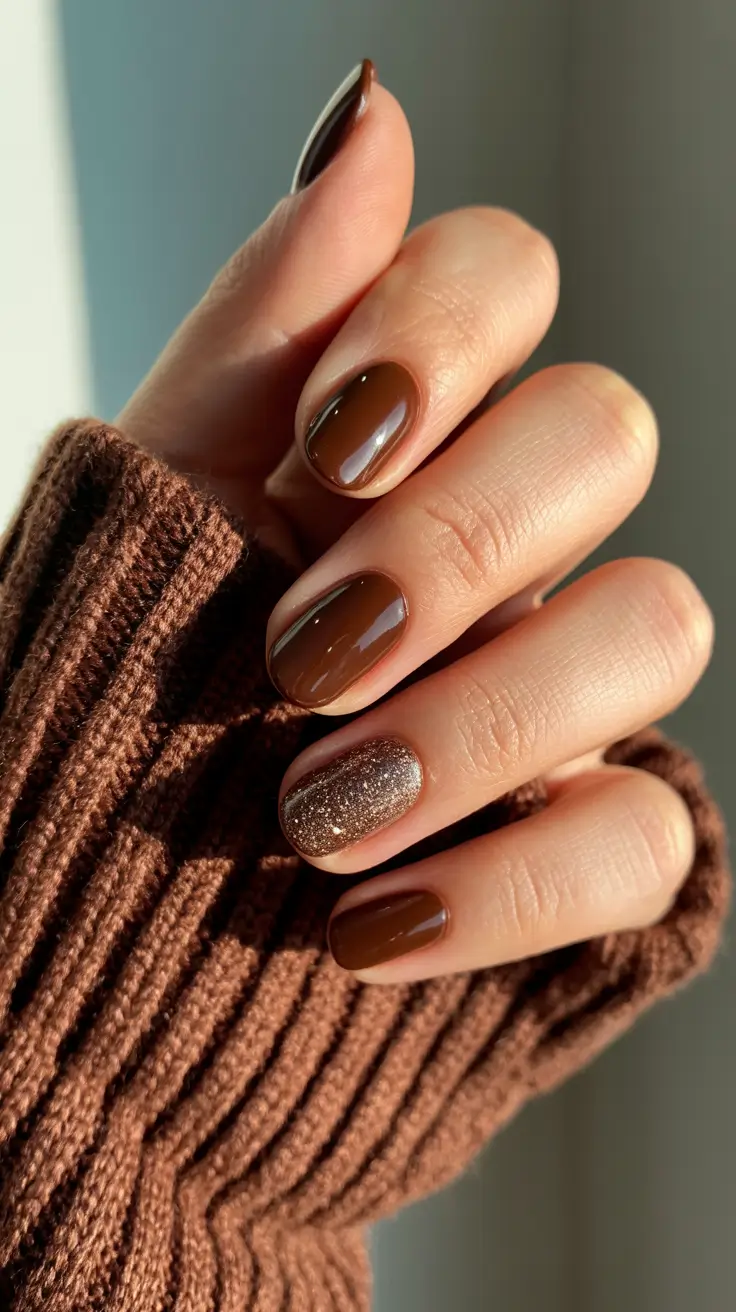 brown nails 2026 Cozy Mocha Glow with a Soft Glitter Accent